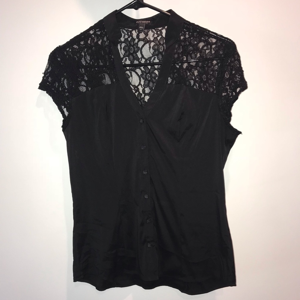 Express black button up with lace accents